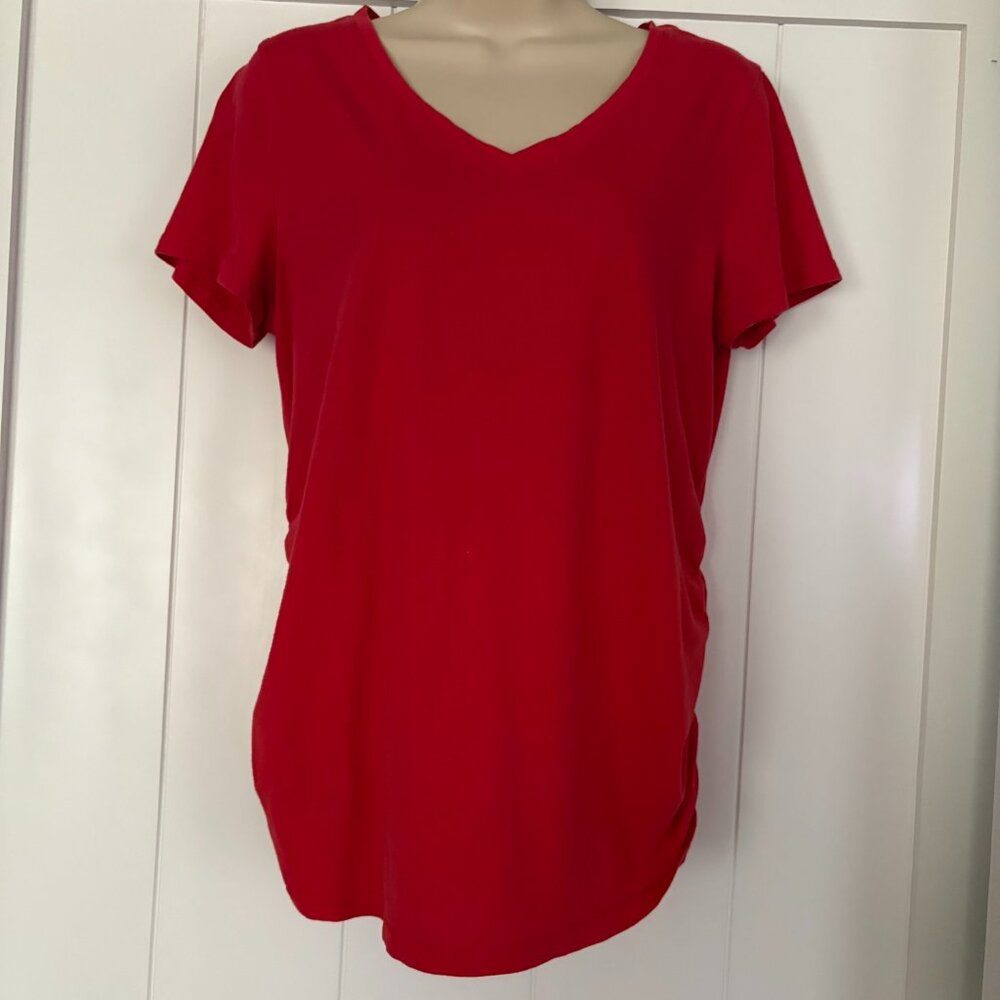 Isabel red short sleeved V neck maternity tee shirt, size M